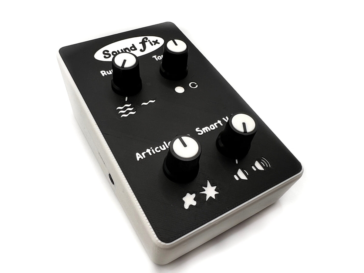 SoundFix audio device, three-quarter view showing the four control knobs